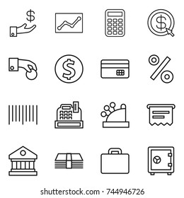 thin line icon set : investment, statistics, calculator, dollar arrow, hand coin, credit card, percent, bar code, cashbox, atm receipt, library, money, suitcase, safe