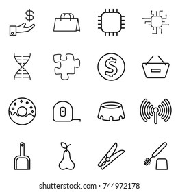 thin line icon set : investment, shopping bag, chip, dna, puzzle, dollar coin, remove from basket, donut, measuring tape, stadium, wireless, scoop, pear, clothespin, toilet brush
