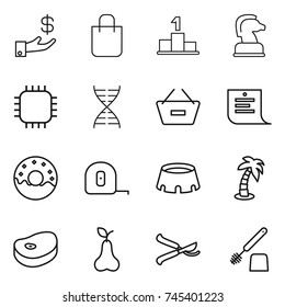 thin line icon set : investment, shopping bag, pedestal, chess horse, chip, dna, remove from basket, list, donut, measuring tape, stadium, palm, steake, pear, pruner, toilet brush