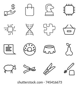 thin line icon set : investment, shopping bag, chess horse, chip, dna, puzzle, remove from basket, list, donut, stadium, pear, sheep, pruner, clothespin, toilet brush