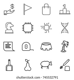 thin line icon set : investment, flag, shopping bag, pedestal, chess horse, chip, dna, list, measuring tape, stadium, palm, scoop, pear, sheep, toilet brush