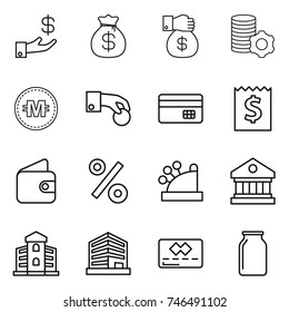 thin line icon set : investment, money bag, gift, virtual mining, crypto currency, hand coin, credit card, receipt, wallet, percent, cashbox, library, building, office, bank