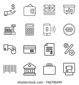 thin line icon set : investment, wallet, money, presentation, cashbox, calculator, phone pay, crypto currency, hand coin, credit card, account balance, percent, bar code, library, suitcase, atm