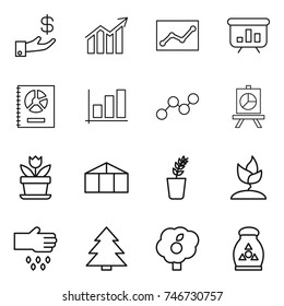 thin line icon set : investment, diagram, statistics, presentation, annual report, graph, flower, greenhouse, seedling, sprouting, sow, spruce, garden, fertilizer