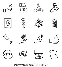 thin line icon set : investment, money gift, spinner, real estate, tax, do not hook sign, handwheel, remote control, blender, harvest, hand leaf, drop, soap, wiping, dryer, handle washing