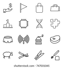 thin line icon set : investment, flag, shopping bag, pedestal, chip, dna, puzzle, stadium, wireless, hand mill, steake, sheep, pruner, clothespin, toilet brush