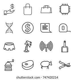 thin line icon set : investment, shopping bag, chip, dna, dollar coin, list, measuring tape, stadium, palm, wireless, scoop, hand mill, steake, sheep, pruner