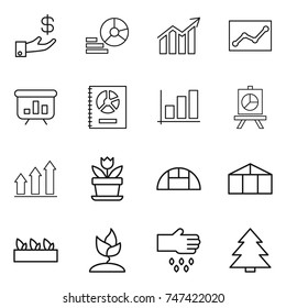 thin line icon set : investment, diagram, statistics, presentation, annual report, graph, up, flower, greenhouse, seedling, sprouting, sow, spruce