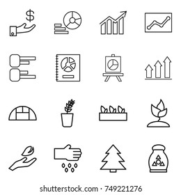 thin line icon set : investment, diagram, statistics, annual report, presentation, graph up, greenhouse, seedling, sprouting, hand leaf, sow, spruce, fertilizer