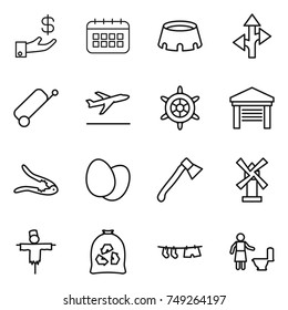 thin line icon set : investment, calendar, stadium, route, suitcase, departure, handwheel, garage, walnut crack, eggs, axe, windmill, scarecrow, garbage bag, drying clothe, toilet cleaning