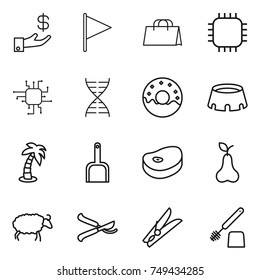 thin line icon set : investment, flag, shopping bag, chip, dna, donut, stadium, palm, scoop, steake, pear, sheep, pruner, clothespin, toilet brush