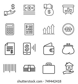 thin line icon set : investment, money, gift, presentation, calculator, abacus, graph up, crypto currency, account balance, mobile pay, wallet, purse, bar code, suitcase, housing