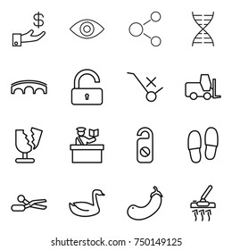 thin line icon set : investment, eye, molecule, dna, bridge, unlock, do not trolley sign, fork loader, broken, inspector, distrub, slippers, scissors, goose, eggplant, vacuum cleaner