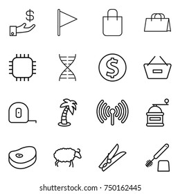 thin line icon set : investment, flag, shopping bag, chip, dna, dollar coin, remove from basket, measuring tape, palm, wireless, hand mill, steake, sheep, clothespin, toilet brush