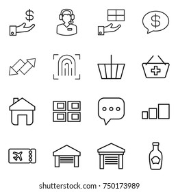 thin line icon set : investment, call center, gift, money message, up down arrow, fingerprint, basket, add to, home, panel house, sms, sorting, ticket, garage, ketchup