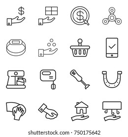 thin line icon set : investment, gift, dollar arrow, spinner, smart bracelet, chemical industry, basket, mobile checking, coffee maker, mixer, blender, horseshoe, wiping, housing, hand dryer