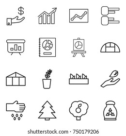 thin line icon set : investment, diagram, statistics, presentation, annual report, greenhouse, seedling, hand leaf, sow, spruce, garden, fertilizer