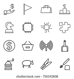 thin line icon set : investment, flag, shopping bag, pedestal, chess horse, chip, puzzle, dollar coin, remove from basket, wireless, scoop, hand mill, sheep, clothespin, toilet brush