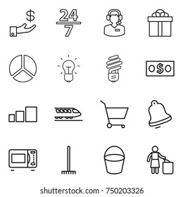 thin line icon set : investment, 24 7, call center, gift, diagram, bulb, money, sorting, train, cart, bell, microwave oven, rake, bucket, garbage bin