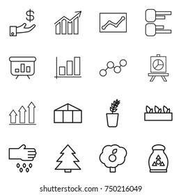 thin line icon set : investment, diagram, statistics, presentation, graph, up, greenhouse, seedling, sow, spruce, garden, fertilizer
