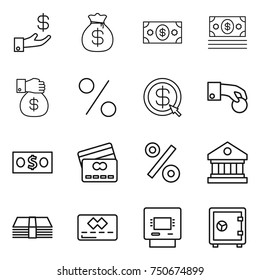 thin line icon set : investment, money bag, gift, percent, dollar arrow, hand coin, credit card, library, atm, safe