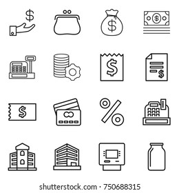 thin line icon set : investment, purse, money bag, cashbox, virtual mining, receipt, account balance, credit card, percent, building, office, atm, bank