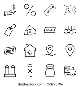 thin line icon set : investment, percent, sale, pass card, label, ticket, smart house, geo pin, cargo top sign, do not hook, heavy, train