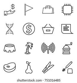 thin line icon set : investment, flag, shopping bag, chip, dna, dollar coin, remove from basket, list, stadium, palm, wireless, hand mill, steake, pear, clothespin, toilet brush