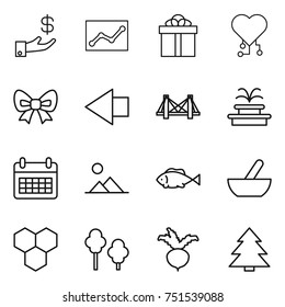thin line icon set : investment, statistics, gift, cardio chip, bow, left arrow, bridge, fountain, calendar, landscape, fish, mortar, honeycombs, trees, beet, spruce