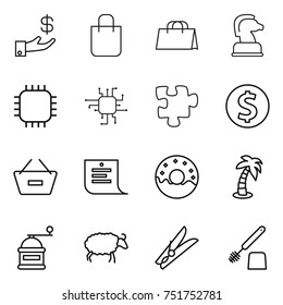 thin line icon set : investment, shopping bag, chess horse, chip, puzzle, dollar coin, remove from basket, list, donut, palm, hand mill, sheep, clothespin, toilet brush
