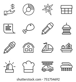 thin line icon set : investment, circle diagram, bang, market, shopping list, chicken leg, pencil, goverment house, sail boat, baggage checking, alarm, cook hat, car wash, brush