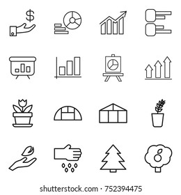 thin line icon set : investment, diagram, presentation, graph, up, flower, greenhouse, seedling, hand leaf, sow, spruce, garden