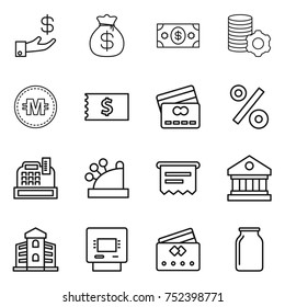 thin line icon set : investment, money bag, virtual mining, crypto currency, receipt, credit card, percent, cashbox, atm, library, building, bank