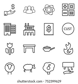 thin line icon set : investment, group, atom, calculator, houses, factory, tax, customs, perishable, table, pan, fire, sheep, garden, hand dryer