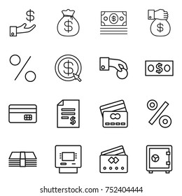 thin line icon set : investment, money bag, gift, percent, dollar arrow, hand coin, credit card, account balance, atm, safe
