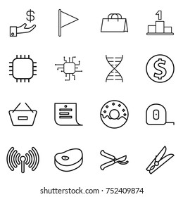 thin line icon set : investment, flag, shopping bag, pedestal, chip, dna, dollar coin, remove from basket, list, donut, measuring tape, wireless, steake, pruner, clothespin