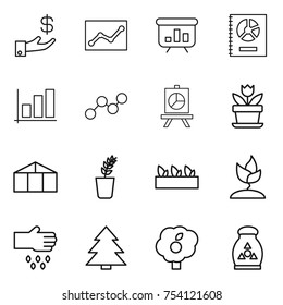 thin line icon set : investment, statistics, presentation, annual report, graph, flower, greenhouse, seedling, sprouting, sow, spruce, garden, fertilizer