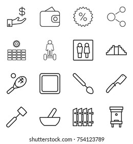 thin line icon set : investment, wallet, percent, molecule, sun power, hoverboard, wc, pyramid, tennis, cutting board, big spoon, chef knife, meat hammer, mortar, fence, hive