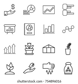 thin line icon set : investment, diagram, statistics, presentation, annual report, graph, up, flower, greenhouse, seedling, sprouting, hand leaf, sow, fertilizer