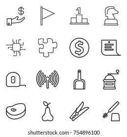 thin line icon set : investment, flag, pedestal, chess horse, chip, puzzle, dollar coin, shopping list, measuring tape, wireless, scoop, hand mill, steake, pear, clothespin, toilet brush