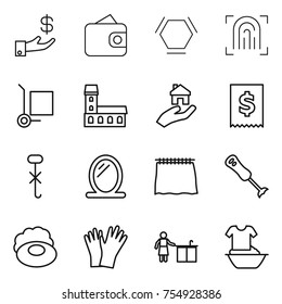 thin line icon set : investment, wallet, hex molecule, fingerprint, cargo stoller, mansion, real estate, tax, do not hook sign, mirror, curtain, blender, soap, gloves, kitchen cleaning