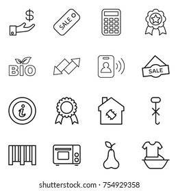 thin line icon set : investment, sale, calculator, medal, bio, up down arrow, pass card, info, smart house, do not hook sign, bar code, grill oven, pear, handle washing