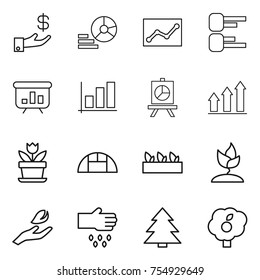 thin line icon set : investment, diagram, statistics, presentation, graph, up, flower, greenhouse, seedling, sprouting, hand leaf, sow, spruce, garden