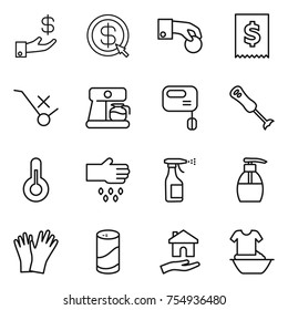 thin line icon set : investment, dollar arrow, hand coin, tax, do not trolley sign, coffee maker, mixer, blender, thermometer, sow, sprayer, liquid soap, gloves, cleanser powder, housing