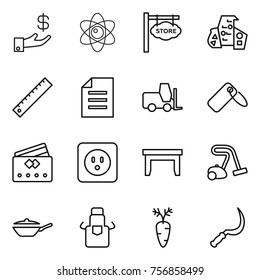 Thin line icon set : investment, atom, store signboard, modern architecture, ruler, document, fork loader, label, credit card, power socket, table, vacuum cleaner, pan, apron, carrot, sickle