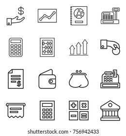 Thin line icon set : investment, statistics, annual report, cashbox, calculator, abacus, graph up, hand coin, account balance, wallet, purse, atm receipt, library