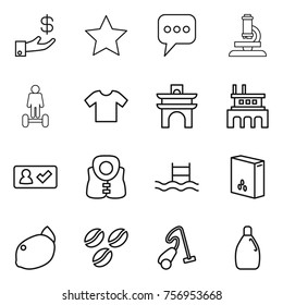 Thin line icon set : investment, star, message, microscope, hoverboard, t shirt, arch, factory, check in, life vest, pool, cereals, lemon, coffee seeds, vacuum cleaner, cleanser