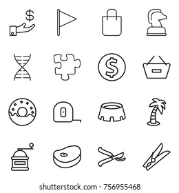 Thin line icon set : investment, flag, shopping bag, chess horse, dna, puzzle, dollar coin, remove from basket, donut, measuring tape, stadium, palm, hand mill, steake, pruner, clothespin