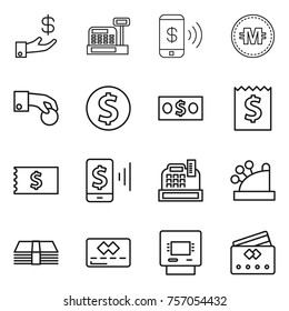 Thin line icon set : investment, cashbox, phone pay, crypto currency, hand coin, dollar, money, receipt, mobile, credit card, atm