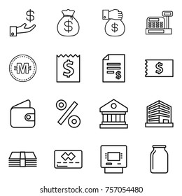 Thin line icon set : investment, money bag, gift, cashbox, crypto currency, receipt, account balance, wallet, percent, library, office, credit card, atm, bank